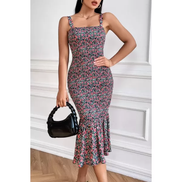 imagePRETTYGARDEN Womens Summer Floral Midi Tank Dress Sleeveless Strappy Ruffle Hem Smocked Bodycon DressesBlack Red Floral