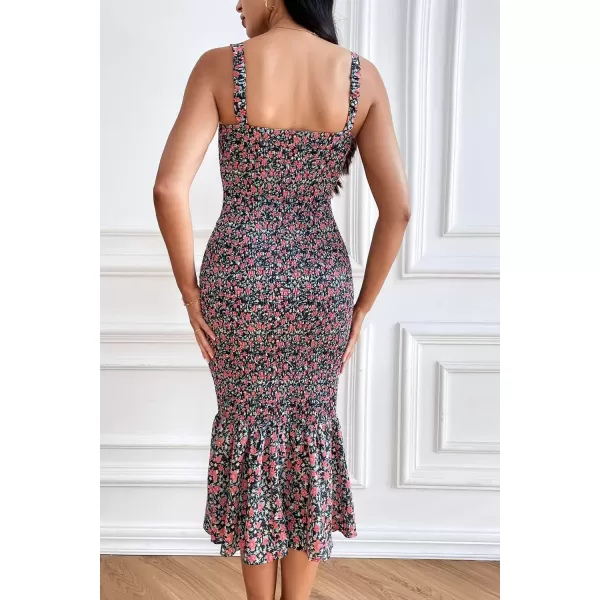 imagePRETTYGARDEN Womens Summer Floral Midi Tank Dress Sleeveless Strappy Ruffle Hem Smocked Bodycon DressesBlack Red Floral