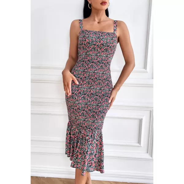 imagePRETTYGARDEN Womens Summer Floral Midi Tank Dress Sleeveless Strappy Ruffle Hem Smocked Bodycon DressesBlack Red Floral