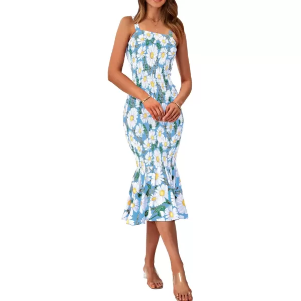 imagePRETTYGARDEN Womens Summer Floral Midi Tank Dress Sleeveless Strappy Ruffle Hem Smocked Bodycon DressesBlue Floral