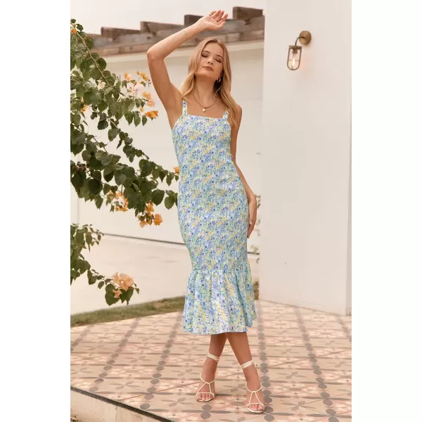 imagePRETTYGARDEN Womens Summer Floral Midi Tank Dress Sleeveless Strappy Ruffle Hem Smocked Bodycon DressesBlue Green Floral