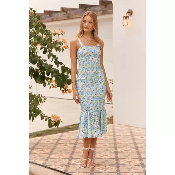 imagePRETTYGARDEN Womens Summer Floral Midi Tank Dress Sleeveless Strappy Ruffle Hem Smocked Bodycon DressesBlue Green Floral
