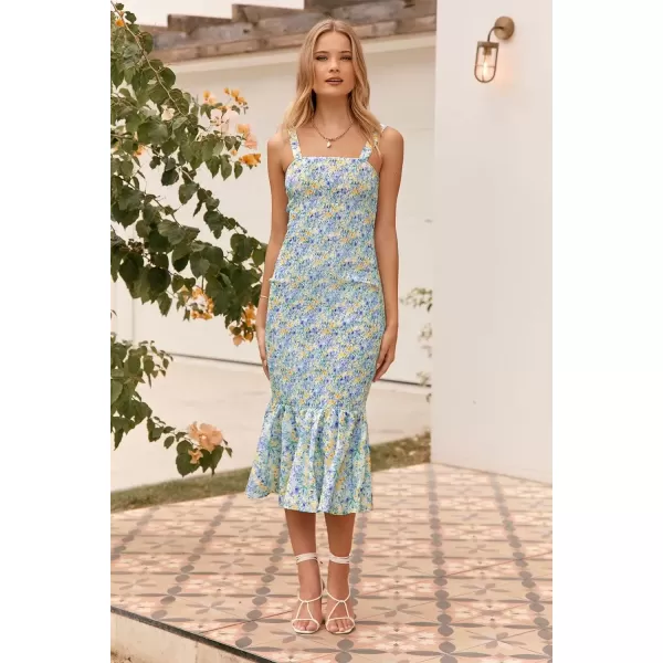 imagePRETTYGARDEN Womens Summer Floral Midi Tank Dress Sleeveless Strappy Ruffle Hem Smocked Bodycon DressesBlue Green Floral