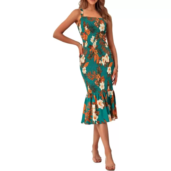 imagePRETTYGARDEN Womens Summer Floral Midi Tank Dress Sleeveless Strappy Ruffle Hem Smocked Bodycon DressesDark Green
