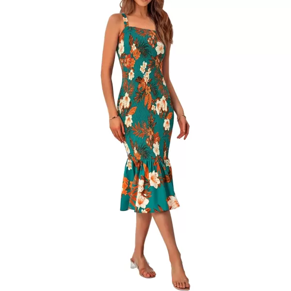 imagePRETTYGARDEN Womens Summer Floral Midi Tank Dress Sleeveless Strappy Ruffle Hem Smocked Bodycon DressesDark Green