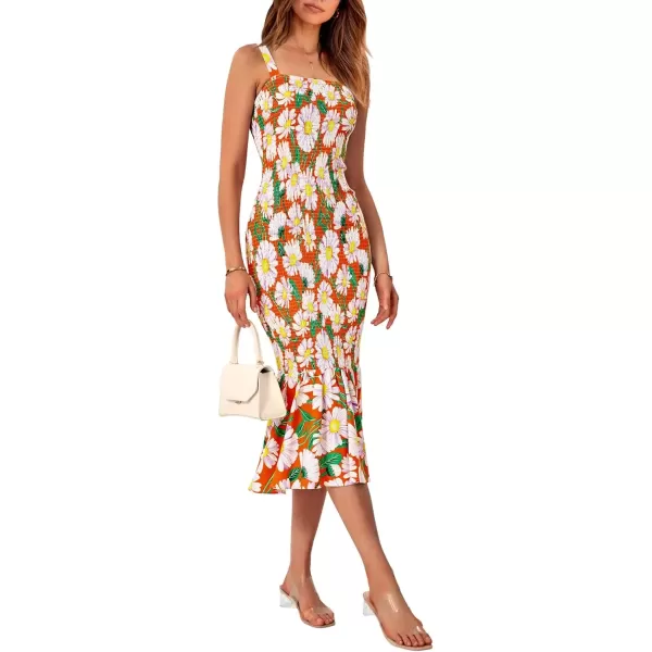 imagePRETTYGARDEN Womens Summer Floral Midi Tank Dress Sleeveless Strappy Ruffle Hem Smocked Bodycon DressesOrange Floral
