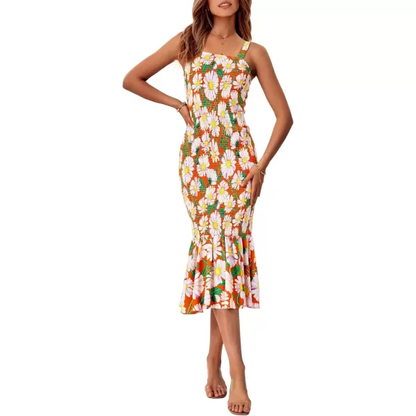 imagePRETTYGARDEN Womens Summer Floral Midi Tank Dress Sleeveless Strappy Ruffle Hem Smocked Bodycon DressesOrange Floral