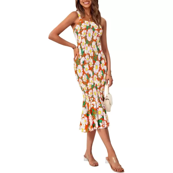 imagePRETTYGARDEN Womens Summer Floral Midi Tank Dress Sleeveless Strappy Ruffle Hem Smocked Bodycon DressesOrange Floral