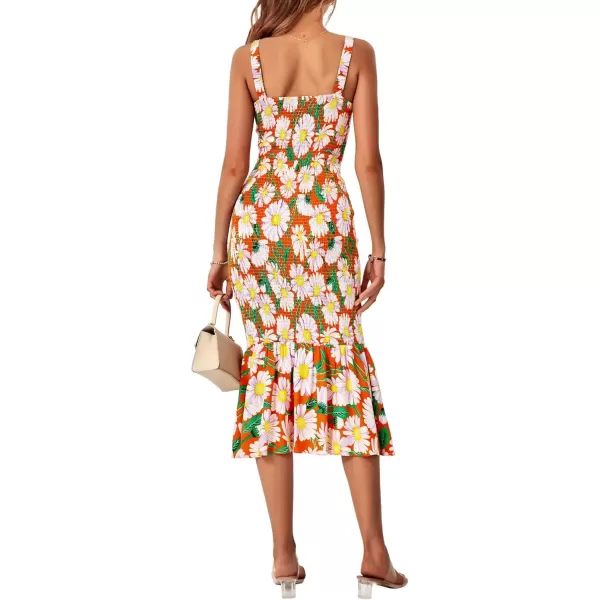 imagePRETTYGARDEN Womens Summer Floral Midi Tank Dress Sleeveless Strappy Ruffle Hem Smocked Bodycon DressesOrange Floral