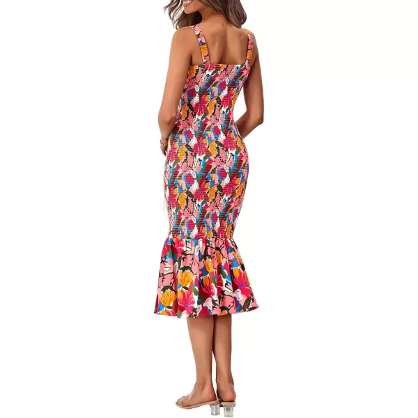 imagePRETTYGARDEN Womens Summer Floral Midi Tank Dress Sleeveless Strappy Ruffle Hem Smocked Bodycon DressesPink Blue Floral