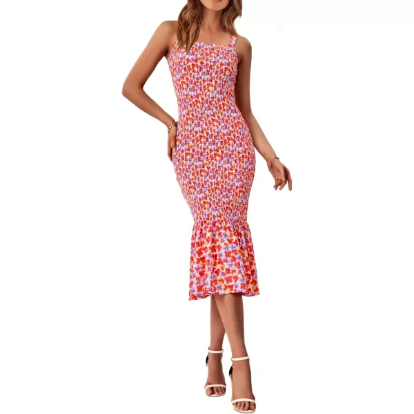 imagePRETTYGARDEN Womens Summer Floral Midi Tank Dress Sleeveless Strappy Ruffle Hem Smocked Bodycon DressesPink Floral