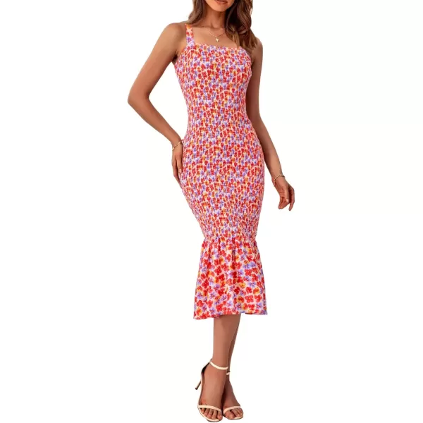 imagePRETTYGARDEN Womens Summer Floral Midi Tank Dress Sleeveless Strappy Ruffle Hem Smocked Bodycon DressesPink Floral