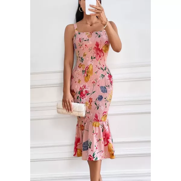 imagePRETTYGARDEN Womens Summer Floral Midi Tank Dress Sleeveless Strappy Ruffle Hem Smocked Bodycon DressesPink Red Big Floral
