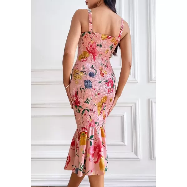 imagePRETTYGARDEN Womens Summer Floral Midi Tank Dress Sleeveless Strappy Ruffle Hem Smocked Bodycon DressesPink Red Big Floral