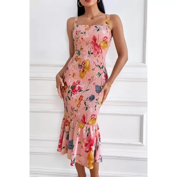 imagePRETTYGARDEN Womens Summer Floral Midi Tank Dress Sleeveless Strappy Ruffle Hem Smocked Bodycon DressesPink Red Big Floral