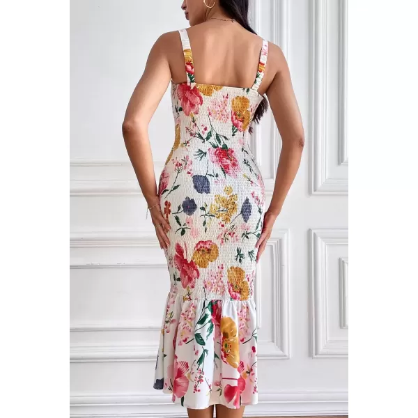 imagePRETTYGARDEN Womens Summer Floral Midi Tank Dress Sleeveless Strappy Ruffle Hem Smocked Bodycon DressesWhite Red Big Floral