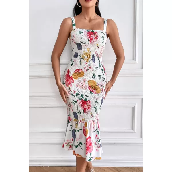 imagePRETTYGARDEN Womens Summer Floral Midi Tank Dress Sleeveless Strappy Ruffle Hem Smocked Bodycon DressesWhite Red Big Floral