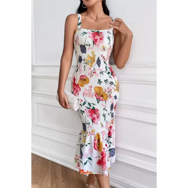 imagePRETTYGARDEN Womens Summer Floral Midi Tank Dress Sleeveless Strappy Ruffle Hem Smocked Bodycon DressesWhite Red Big Floral