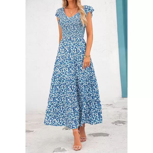 imagePRETTYGARDEN Womens Summer Flowy Maxi Dress Casual Cap Sleeve V Neck Smocked Beach SundressPrint Blue
