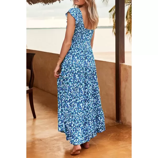 imagePRETTYGARDEN Womens Summer Flowy Maxi Dress Casual Cap Sleeve V Neck Smocked Beach SundressPrint Blue