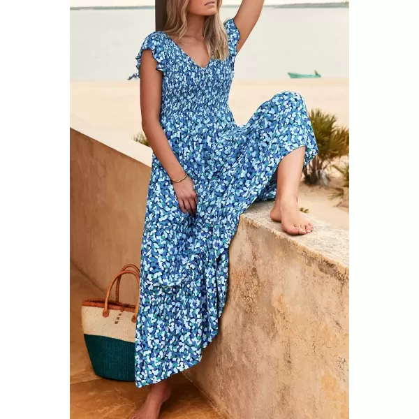imagePRETTYGARDEN Womens Summer Flowy Maxi Dress Casual Cap Sleeve V Neck Smocked Beach SundressPrint Blue