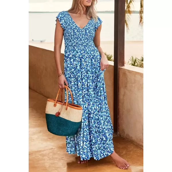 imagePRETTYGARDEN Womens Summer Flowy Maxi Dress Casual Cap Sleeve V Neck Smocked Beach SundressPrint Blue