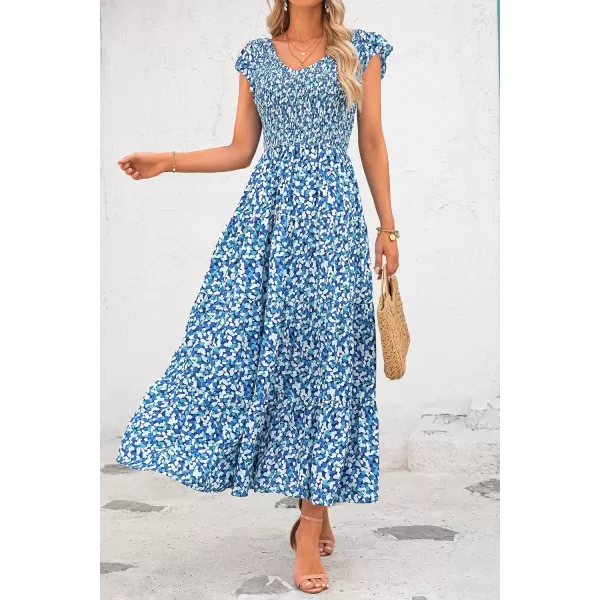 imagePRETTYGARDEN Womens Summer Flowy Maxi Dress Casual Cap Sleeve V Neck Smocked Beach SundressPrint Blue