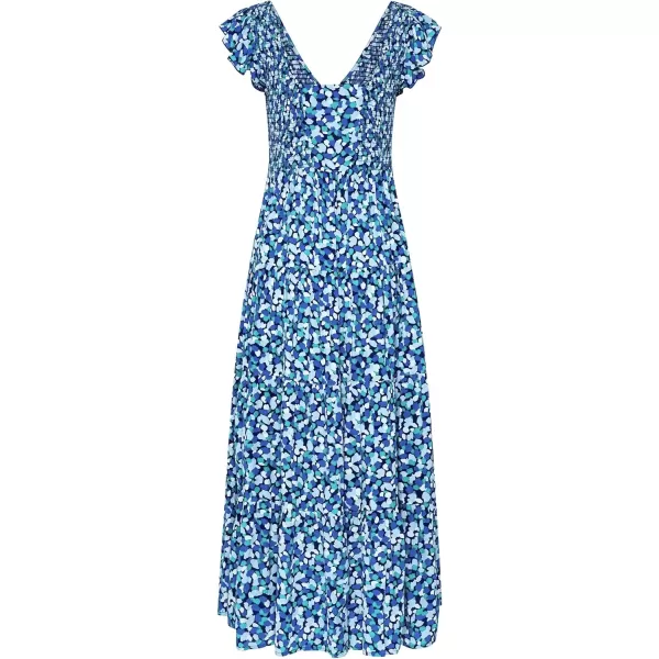 imagePRETTYGARDEN Womens Summer Flowy Maxi Dress Casual Cap Sleeve V Neck Smocked Beach SundressPrint Blue