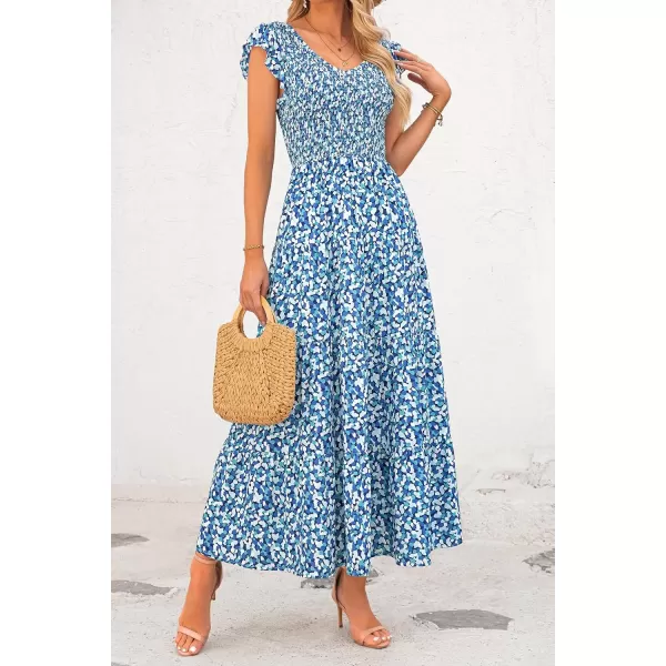 imagePRETTYGARDEN Womens Summer Flowy Maxi Dress Casual Cap Sleeve V Neck Smocked Beach SundressPrint Blue