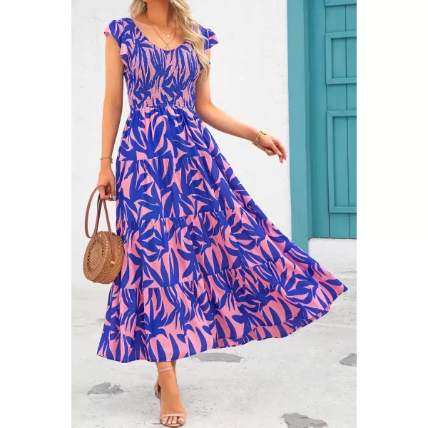 imagePRETTYGARDEN Womens Summer Flowy Maxi Dress Casual Cap Sleeve V Neck Smocked Beach SundressPrint Pink Purple