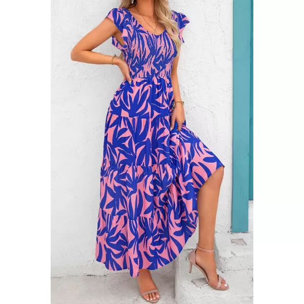 imagePRETTYGARDEN Womens Summer Flowy Maxi Dress Casual Cap Sleeve V Neck Smocked Beach SundressPrint Pink Purple