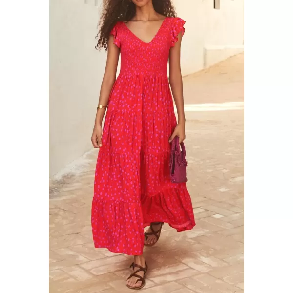 imagePRETTYGARDEN Womens Summer Flowy Maxi Dress Casual Cap Sleeve V Neck Smocked Beach SundressPrint Red
