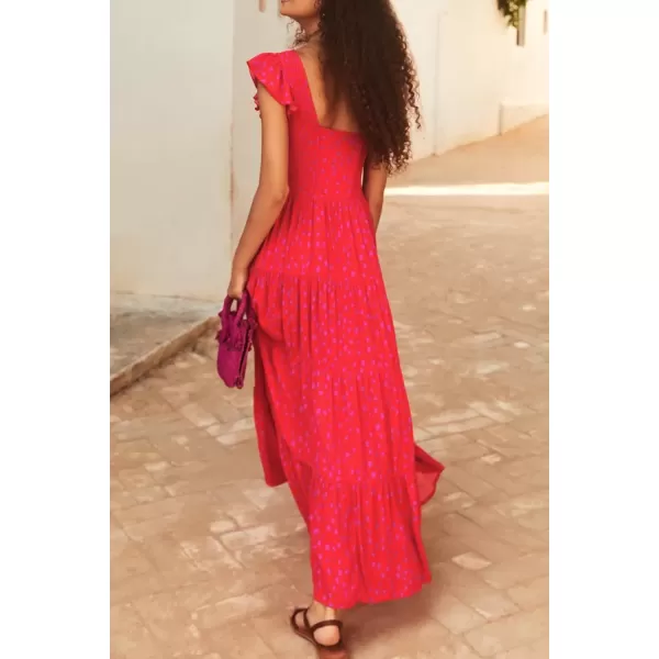 imagePRETTYGARDEN Womens Summer Flowy Maxi Dress Casual Cap Sleeve V Neck Smocked Beach SundressPrint Red