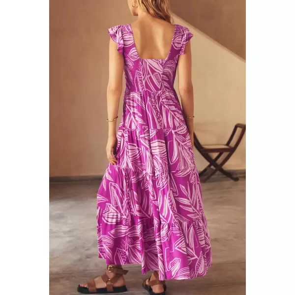 imagePRETTYGARDEN Womens Summer Flowy Maxi Dress Casual Cap Sleeve V Neck Smocked Beach SundressPrint Rose Purple