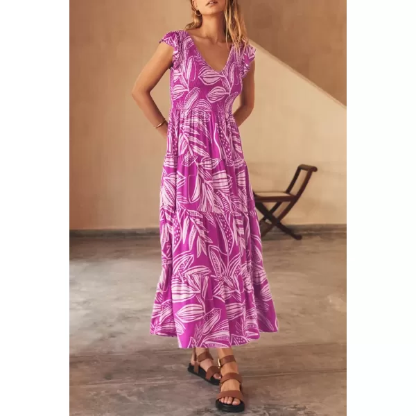 imagePRETTYGARDEN Womens Summer Flowy Maxi Dress Casual Cap Sleeve V Neck Smocked Beach SundressPrint Rose Purple