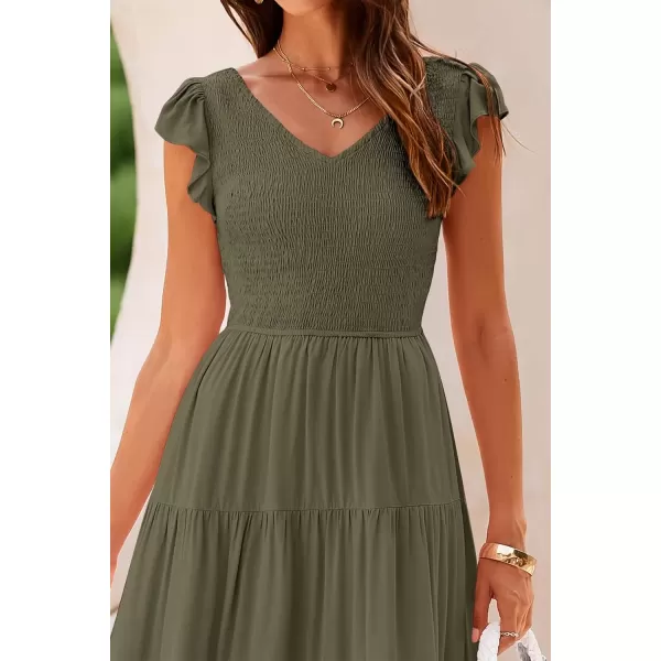 imagePRETTYGARDEN Womens Summer Flowy Maxi Dress Casual Cap Sleeve V Neck Smocked Beach SundressSolid Army Green