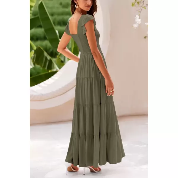 imagePRETTYGARDEN Womens Summer Flowy Maxi Dress Casual Cap Sleeve V Neck Smocked Beach SundressSolid Army Green