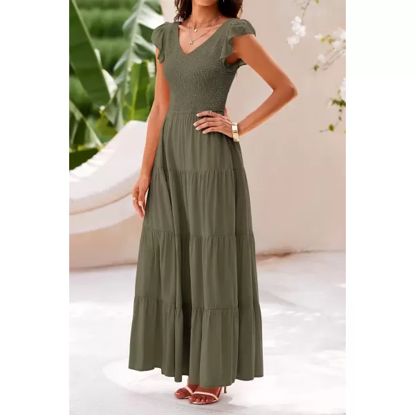 imagePRETTYGARDEN Womens Summer Flowy Maxi Dress Casual Cap Sleeve V Neck Smocked Beach SundressSolid Army Green