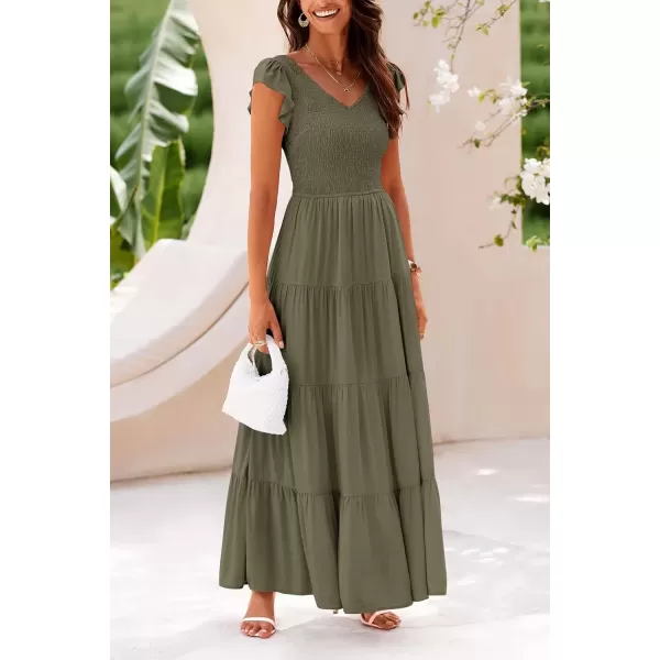 imagePRETTYGARDEN Womens Summer Flowy Maxi Dress Casual Cap Sleeve V Neck Smocked Beach SundressSolid Army Green
