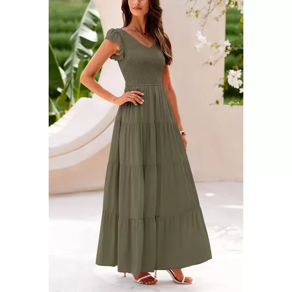 imagePRETTYGARDEN Womens Summer Flowy Maxi Dress Casual Cap Sleeve V Neck Smocked Beach SundressSolid Army Green