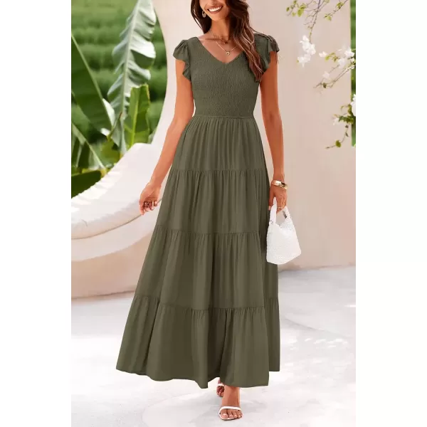 imagePRETTYGARDEN Womens Summer Flowy Maxi Dress Casual Cap Sleeve V Neck Smocked Beach SundressSolid Army Green