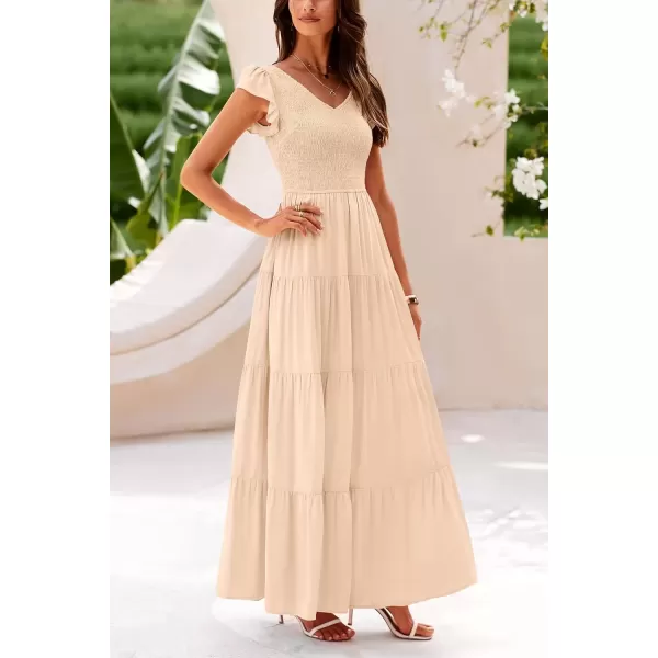 imagePRETTYGARDEN Womens Summer Flowy Maxi Dress Casual Cap Sleeve V Neck Smocked Beach SundressSolid Beige