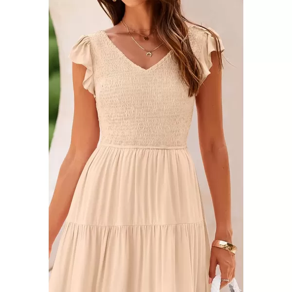 imagePRETTYGARDEN Womens Summer Flowy Maxi Dress Casual Cap Sleeve V Neck Smocked Beach SundressSolid Beige