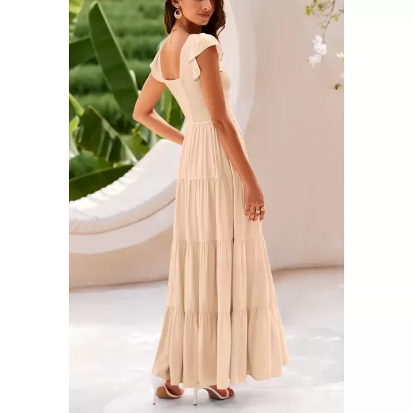 imagePRETTYGARDEN Womens Summer Flowy Maxi Dress Casual Cap Sleeve V Neck Smocked Beach SundressSolid Beige