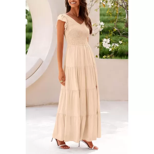 imagePRETTYGARDEN Womens Summer Flowy Maxi Dress Casual Cap Sleeve V Neck Smocked Beach SundressSolid Beige