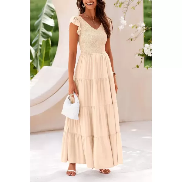 imagePRETTYGARDEN Womens Summer Flowy Maxi Dress Casual Cap Sleeve V Neck Smocked Beach SundressSolid Beige