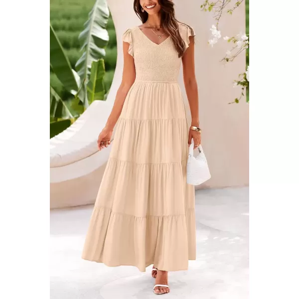 imagePRETTYGARDEN Womens Summer Flowy Maxi Dress Casual Cap Sleeve V Neck Smocked Beach SundressSolid Beige