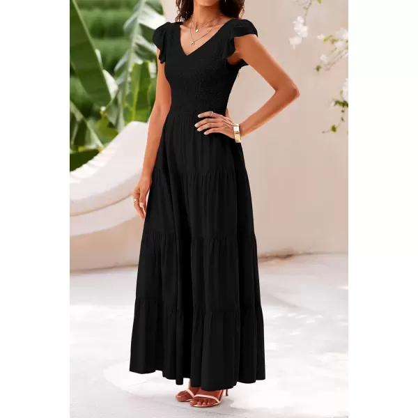 imagePRETTYGARDEN Womens Summer Flowy Maxi Dress Casual Cap Sleeve V Neck Smocked Beach SundressSolid Black