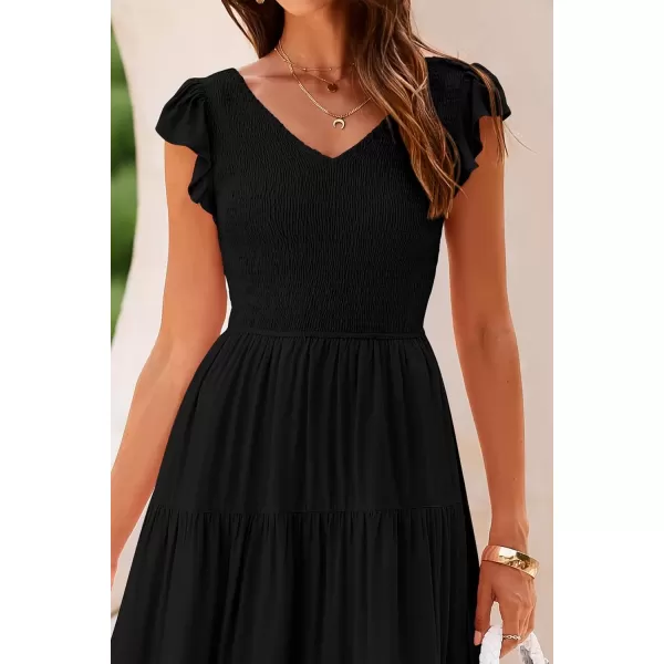 imagePRETTYGARDEN Womens Summer Flowy Maxi Dress Casual Cap Sleeve V Neck Smocked Beach SundressSolid Black