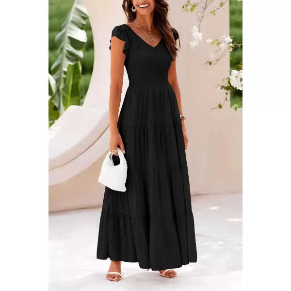 imagePRETTYGARDEN Womens Summer Flowy Maxi Dress Casual Cap Sleeve V Neck Smocked Beach SundressSolid Black
